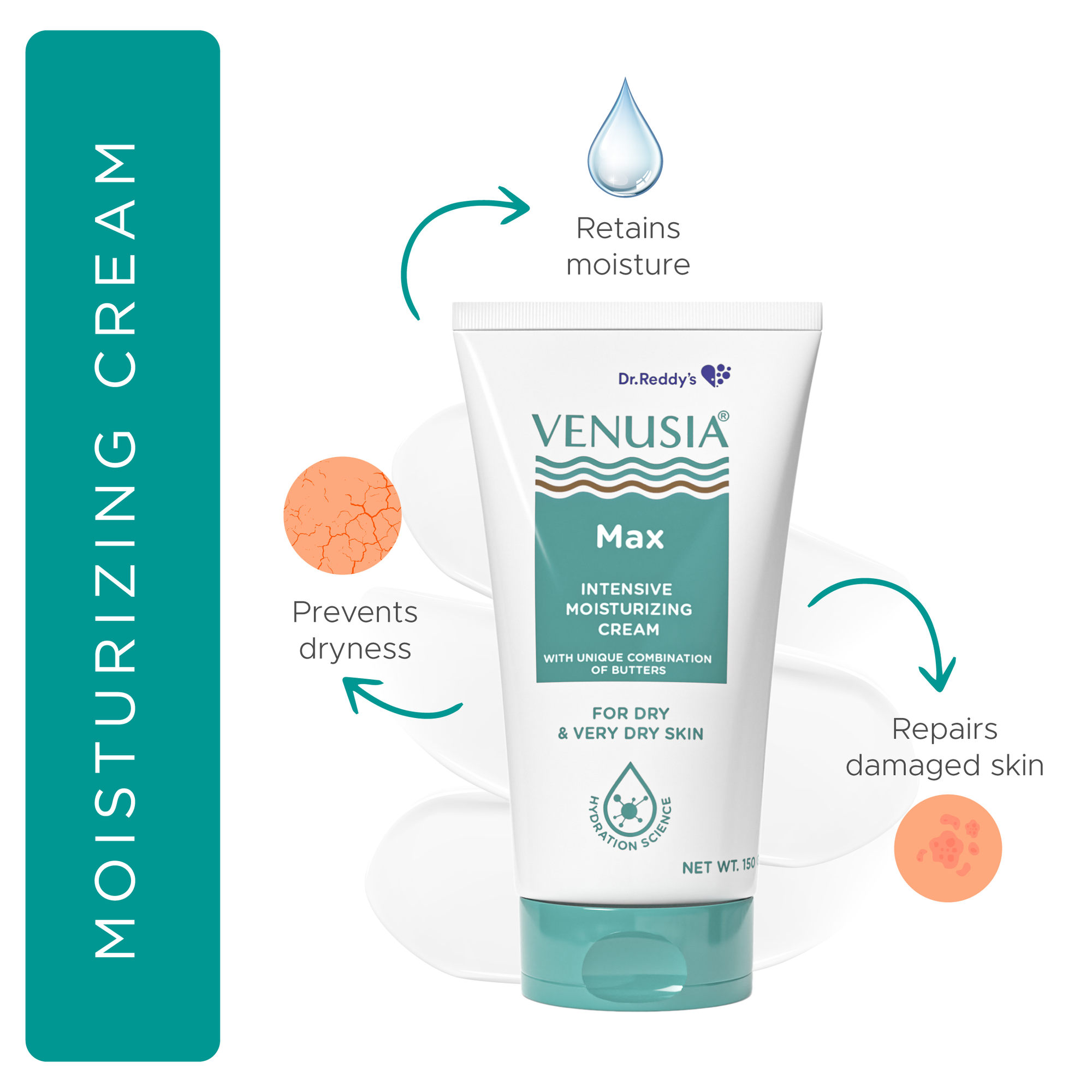 Dr. Reddy's Venusia Max Intensive Moisturizing Cream, For Dry to Very Dry Skin, Repairs & Smoothens Skin, 150 GM